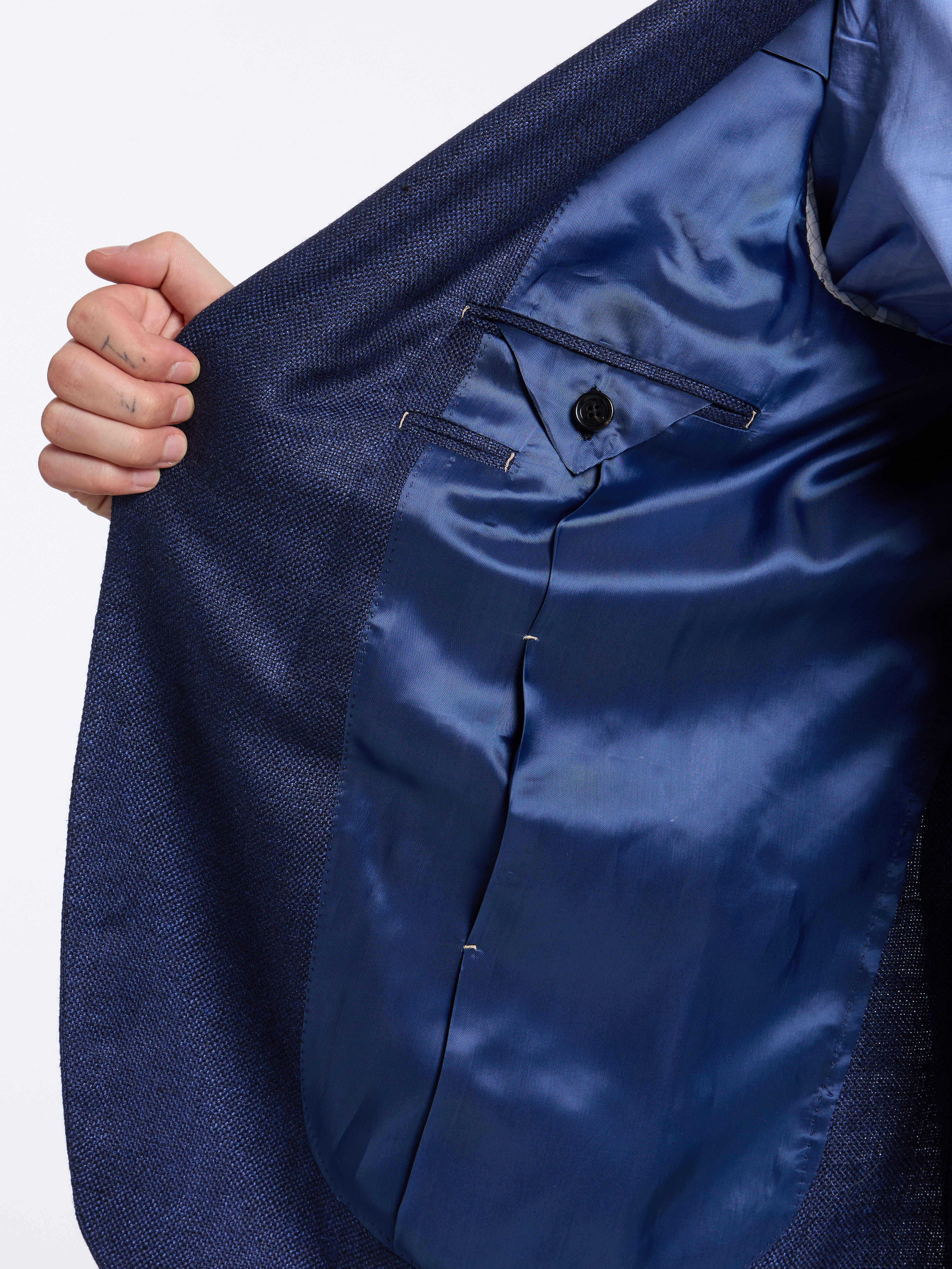 SINGLE-BREASTED LINEN BLEND SOLID COLOR TAILORED JACKET - BLUE